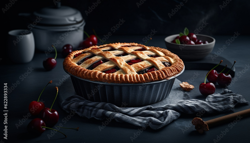Sweet berry tart on rustic wood table generated by AI
