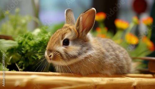Fluffy baby rabbit sitting in green meadow generated by AI © grgroup