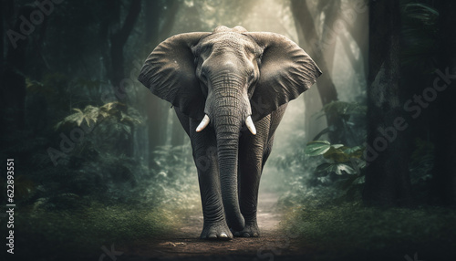 Majestic elephant walking in tranquil African forest generated by AI