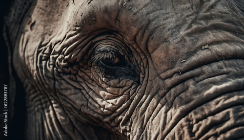 Endangered African elephant wrinkled portrait in nature generated by AI