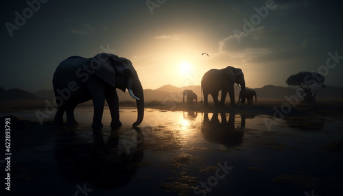 Sunlit African elephant herd at tranquil dusk generated by AI
