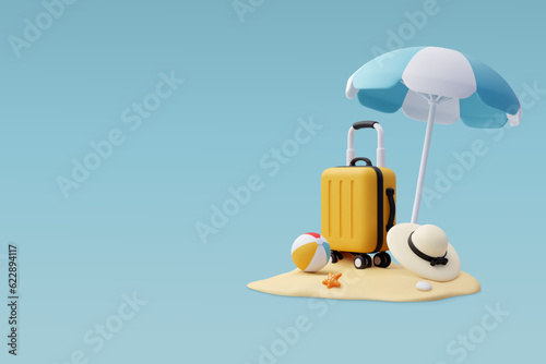 Fotografia 3d Vector luggage, Blue Umbrella and Ball, Summer holiday, Time to travel concept