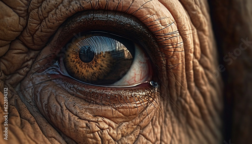 Elephant wrinkled nose, staring at human eye generated by AI