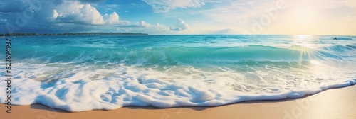 Tropical ocean beach waves. Seaside landscape with dreamy Caribbean shore in the tropics. Summer beach chair in the sand.