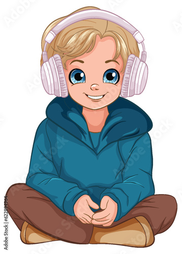 Boy sitting on the floor listening to music with headset
