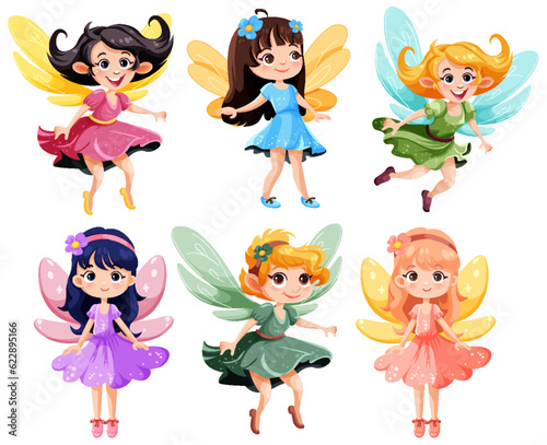 Set of cute fantasy fairies cartoon character