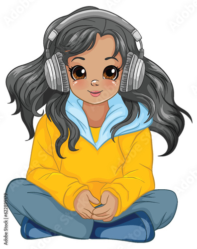 Female youth wearing headset listening to music and sitting on the floor