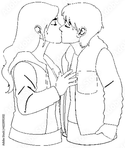 Youth couple kissing cartoon doodle outline