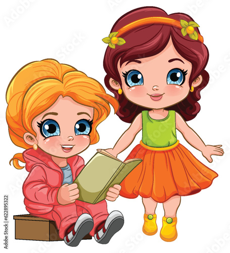 Cute Girl Reading Book Cartoon Character