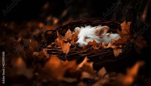 Cute puppy terrier sitting in autumn forest generated by AI