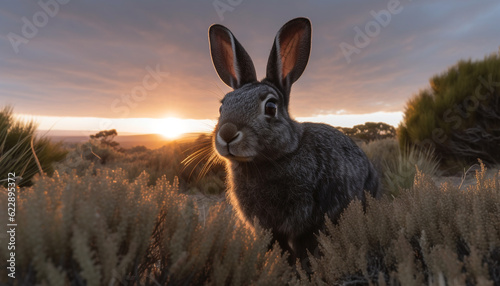 Fluffy rabbit enjoys the sun in meadow generated by AI