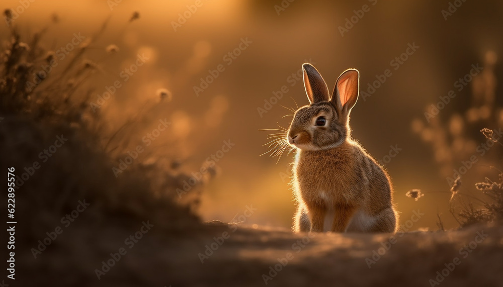 Fluffy rabbit sits in sun on grass generated by AI