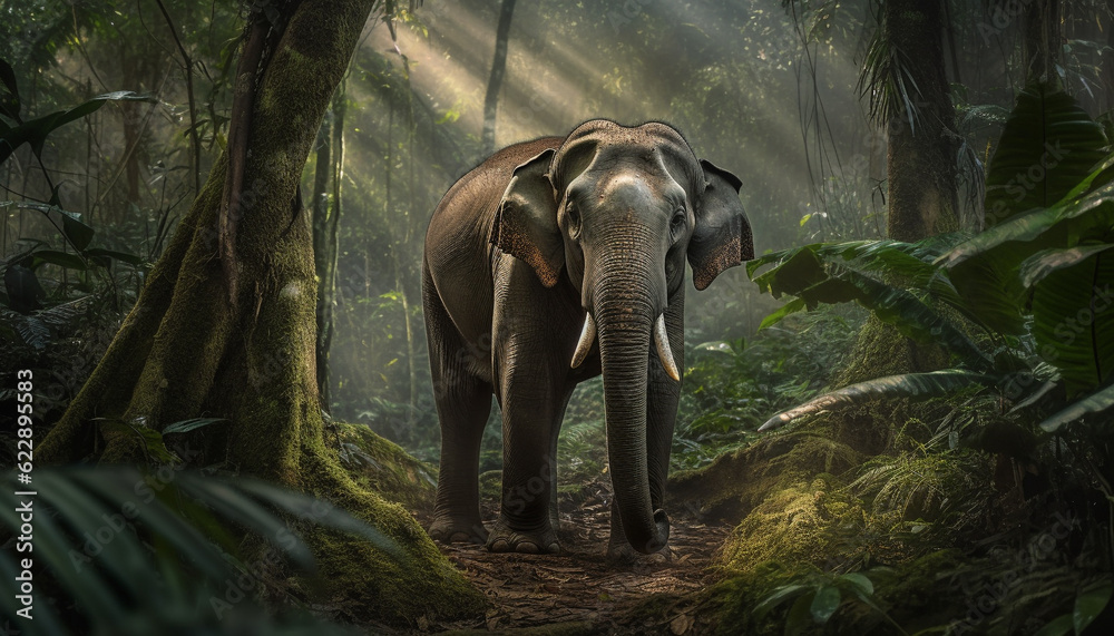Fototapeta premium Large elephant walking through lush tropical forest generated by AI