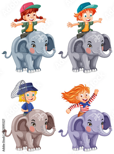 Collection of different kids riding elephants