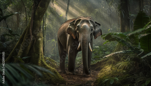 Large elephant walking through lush tropical forest generated by AI