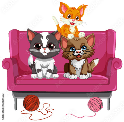 Three Cats Sitting on Sofa