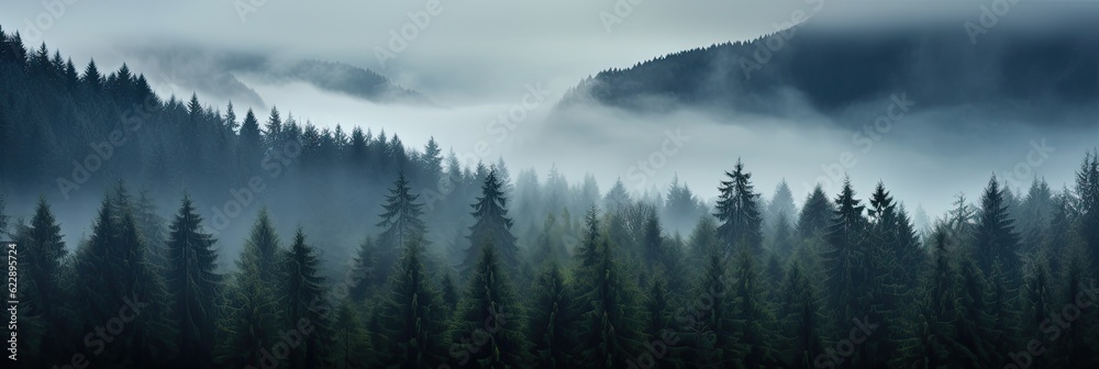 Dark fog and mist over a moody forest landscape. Mountain fir trees with dreary dreamy weather. Blues and greens.