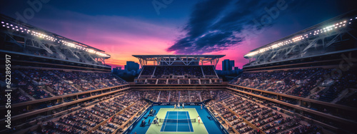 Perspective of Arthur Ashe Stadium with fans on Sunset. US Open tennis tournament finals on blue and green National Tennis court. Generative Ai content © Nataliia