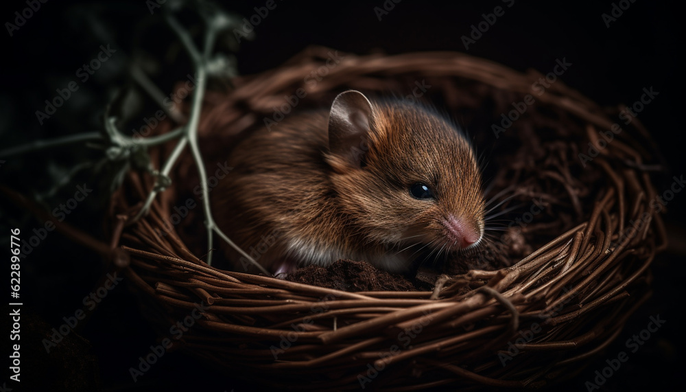 Fluffy baby rabbit sitting in animal nest generated by AI
