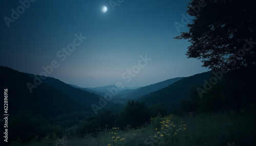 Mountain range silhouette backlit by moonlight at dawn generated by AI © grgroup