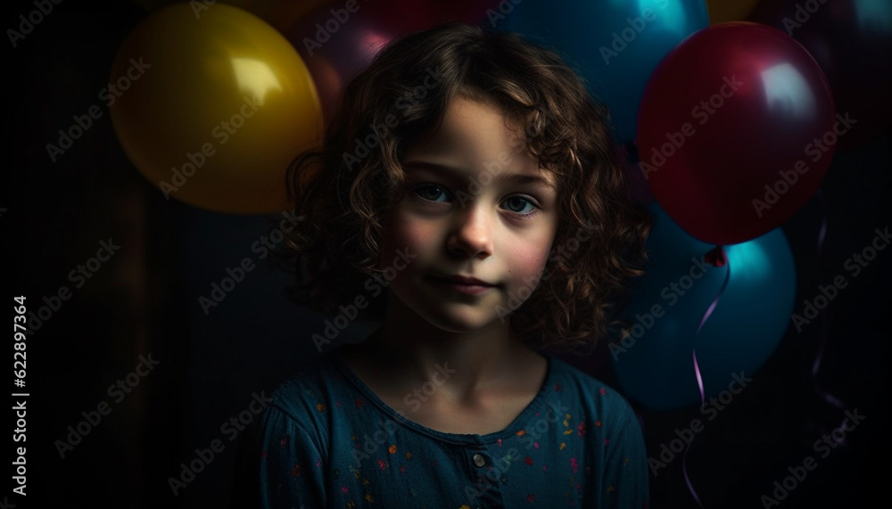 Cute children holding balloons, smiling at birthday party generated by AI Cute children holding balloons, smiling at birthday party generated by AI