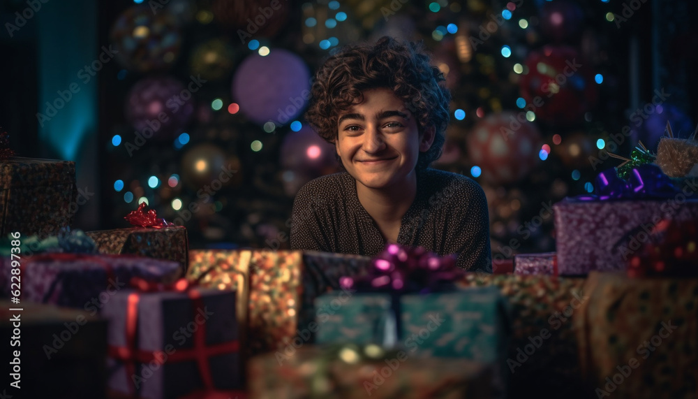 Cute Caucasian boy smiling with Christmas gift box generated by AI Cute Caucasian boy smiling with Christmas gift box generated by AI