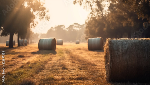 Fotografia Sun kissed wheat bales in autumn meadow generated by AI