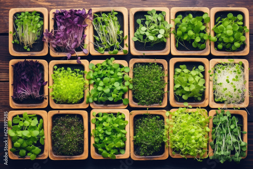 Trays with various microgreens standing on wooden table, top view, Generative AI photo
