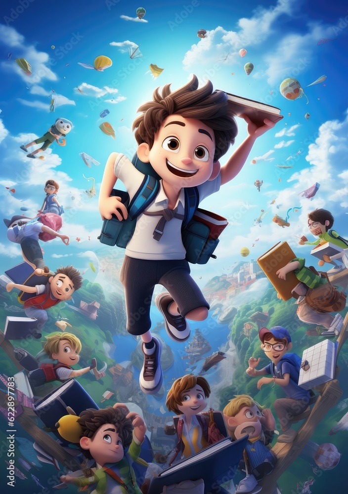 Schooltime Shenanigans. Hilarious and Happy 3D Character Poster Capturing the Lighthearted Moments of Friends Back to School Experience