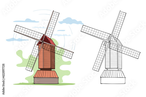 Old windmills, vintage wooden wind mills