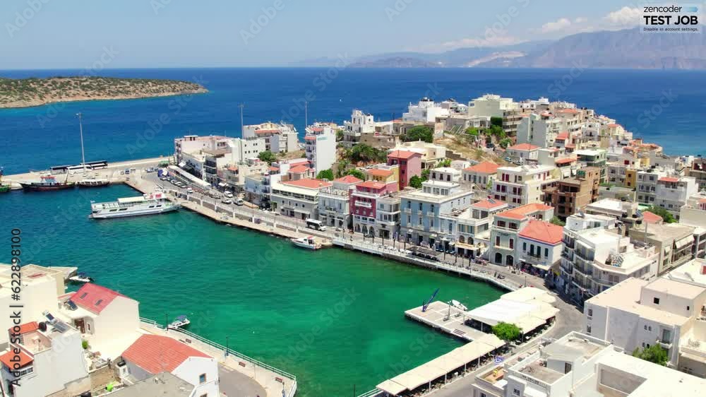 Aerial view of port of Agios Nikolaos, Aegean sea and Greek islands in Crete, Greece Aerial view of port of Agios Nikolaos, Aegean sea and Greek islands in Crete, Greece