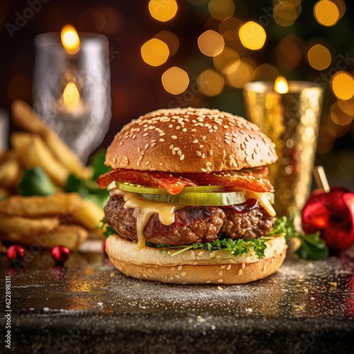 Delicious grilled burgers. Fresh tasty burger on bokeh background.