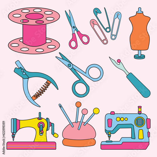 Set of Tailor and Sewing Tools Simple Flat Line Illustration