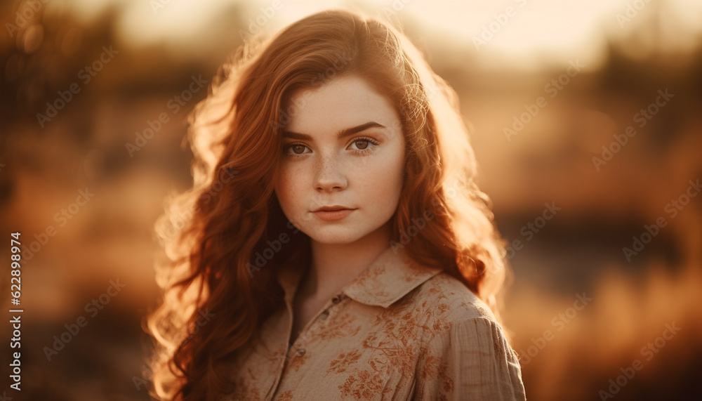 Beautiful young woman smiling in nature sunlight generated by AI Beautiful young woman smiling in nature sunlight generated by AI