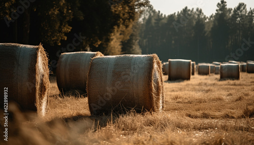 Golden wheat bales stack in rural meadow generated by AI