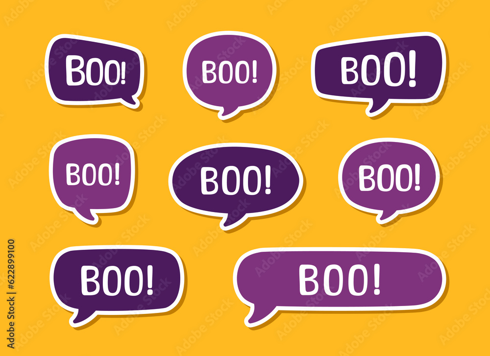 Speech bubble with text Boo digital sticker vector illustration set Speech bubble with text Boo digital sticker vector illustration set