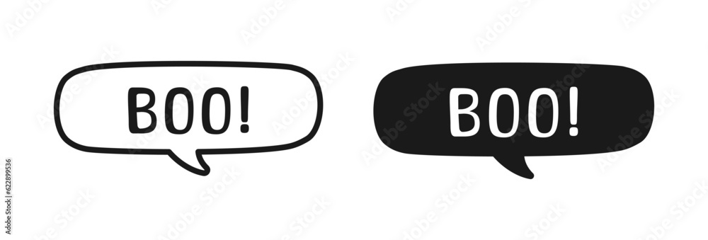 Boo text in speech bubble. Outline and Silhouette design doodle for print. Vector illustration. Happy Halloween greeting card graphics. Boo text in speech bubble. Outline and Silhouette design doodle for print. Vector illustration. Happy Halloween greeting card graphics.