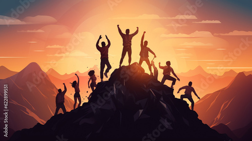 Successful Teamwork on top of a mountain at sunrise. Business Success Concept. Illustration © hafizismail