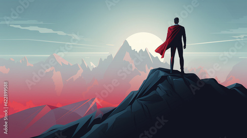 Businessman Superhero on top of a mountain. Business Success Concept. Illustration