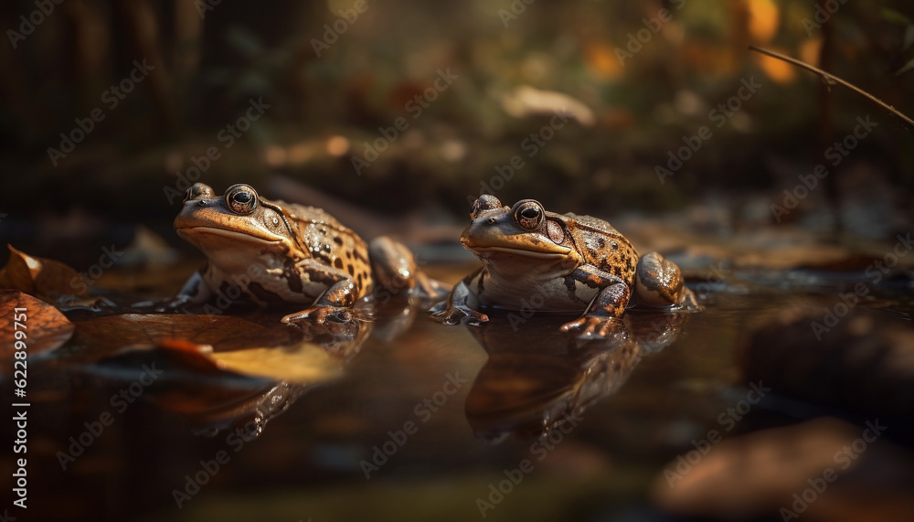 Slimy toad sitting in wet pond water generated by AI