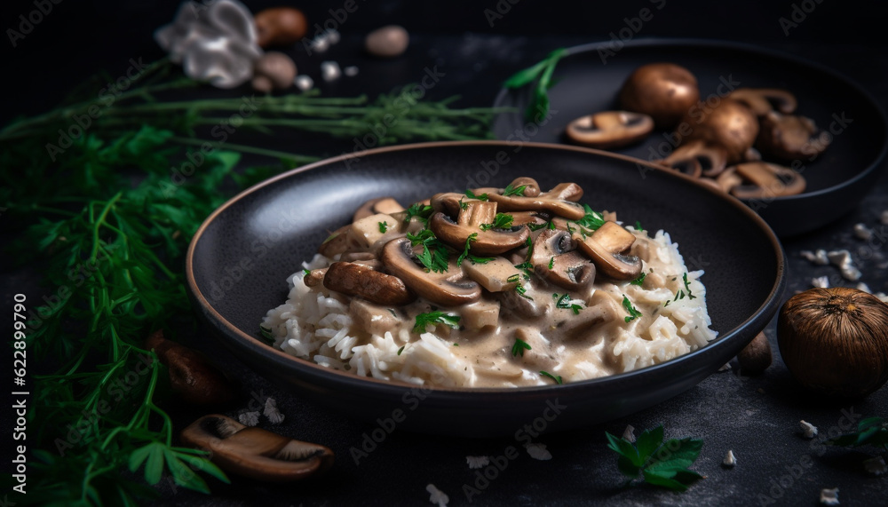 Gourmet mushroom risotto with fresh parsley garnish generated by AI Gourmet mushroom risotto with fresh parsley garnish generated by AI