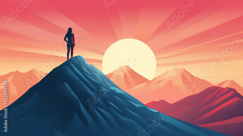 Successful Businesswoman on top of a mountain during sunrise. Business Success Concept. Illustration