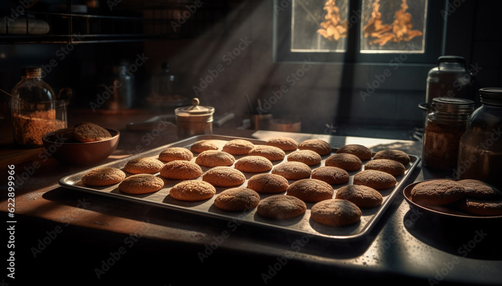 Homemade chocolate chip cookies cooling on rack generated by AI Homemade chocolate chip cookies cooling on rack generated by AI