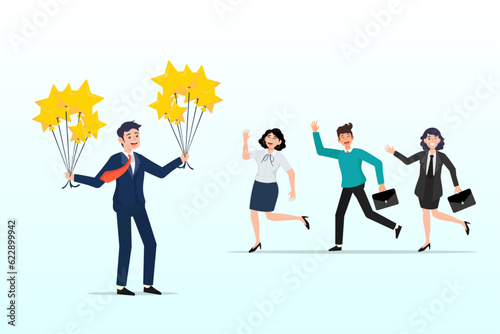 Businessman manager give 5 stars rating, evaluation, employee appraisal, rating or feedback, stars quality or excellent job, assessment or year end review, giving rating or performance review (Vector)