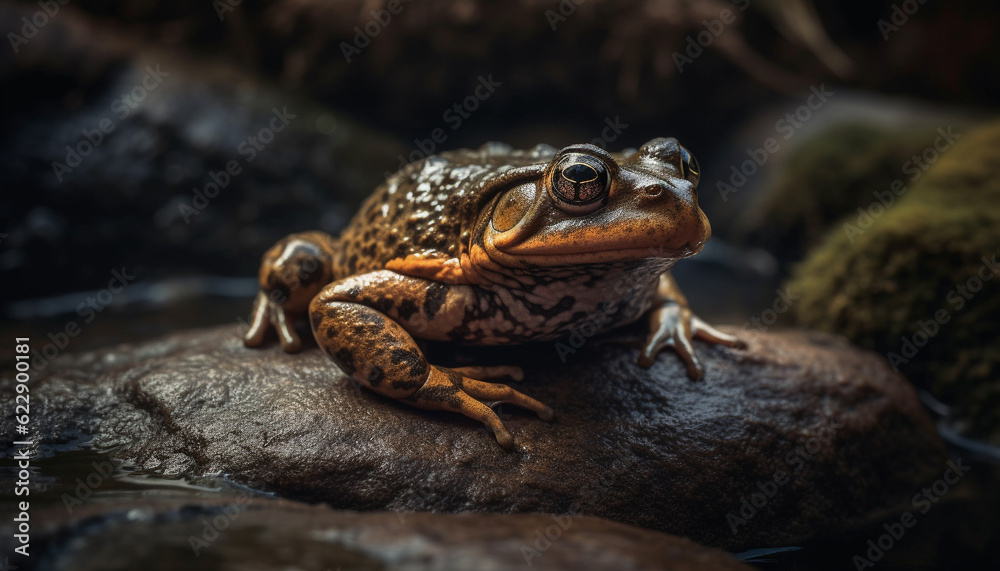 Fototapeta premium Spotted toad sitting in wet green forest generated by AI
