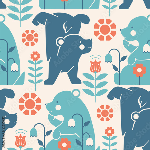 Nordic seamless pattern with cute funny bear cubs. Whimsy stylized tile background for home decor, nursery baby bedroom decor, adorable fabric. Lagom aesthetic. Scandinavian folk hygge square print.