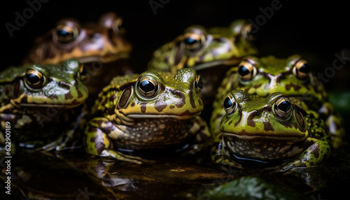 Green toad sitting in wet pond, staring generated by AI