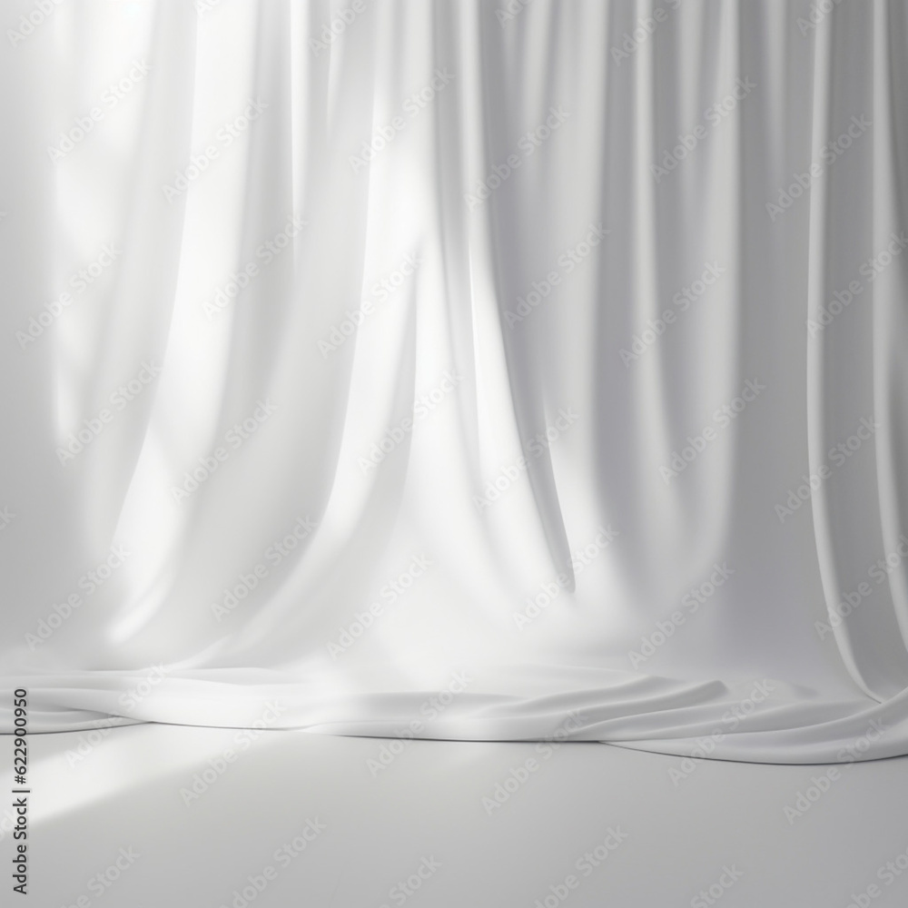Empty curtains window on white background. Mock up Product display podium with Generative Ai.