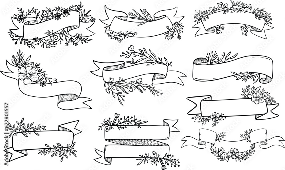 Set Collection Hand Drawn Floral Botanical Ribbon Illustration vector