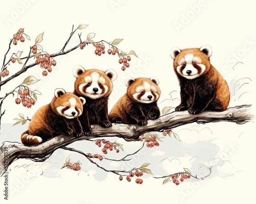 Several red pandas perched on a tree branch.  Illustration  Generative AI 